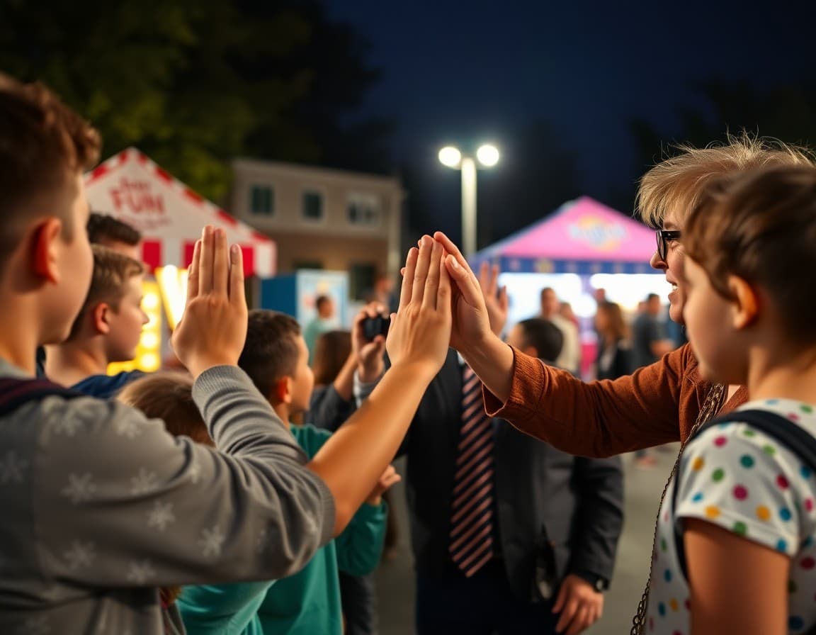 Principal high-fiving students at outdoor family fun night school event with activity booths in background