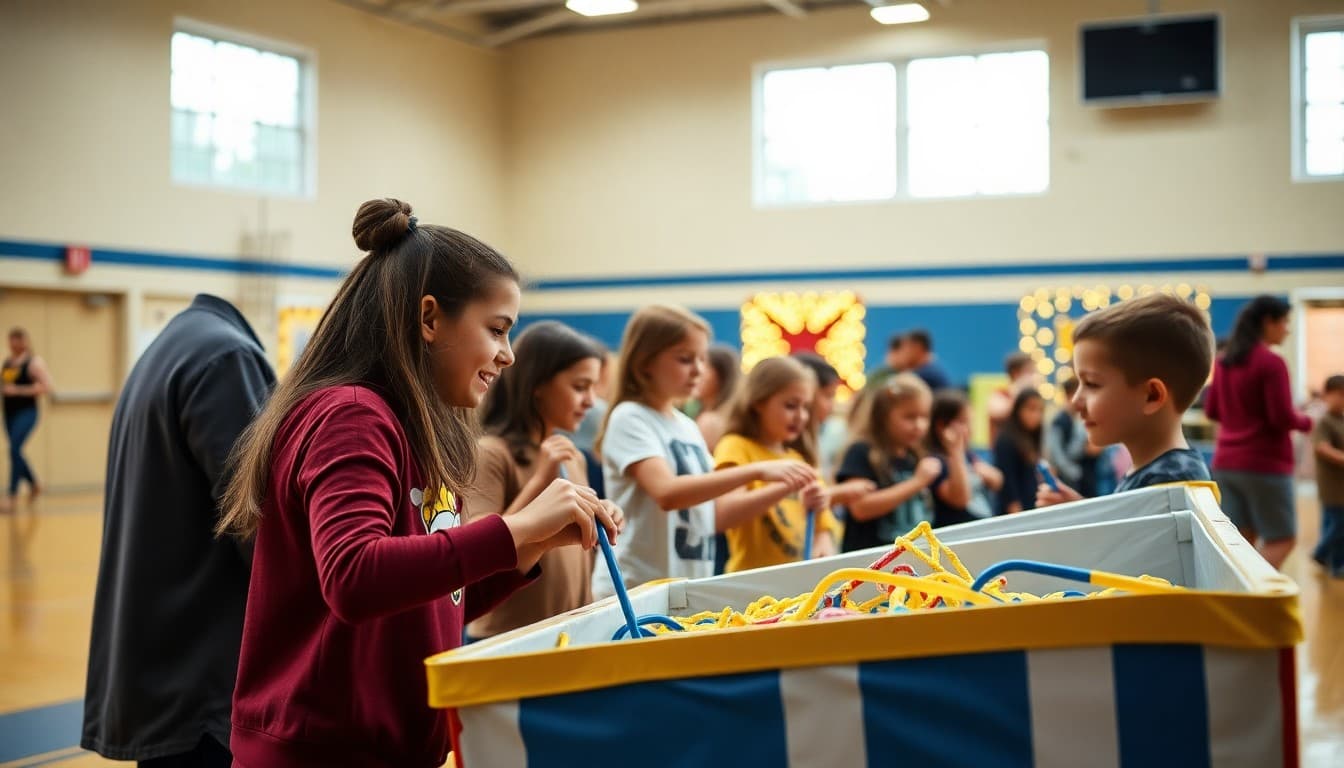 Families and students playing carnival games at school family fun night event in school gymnasium