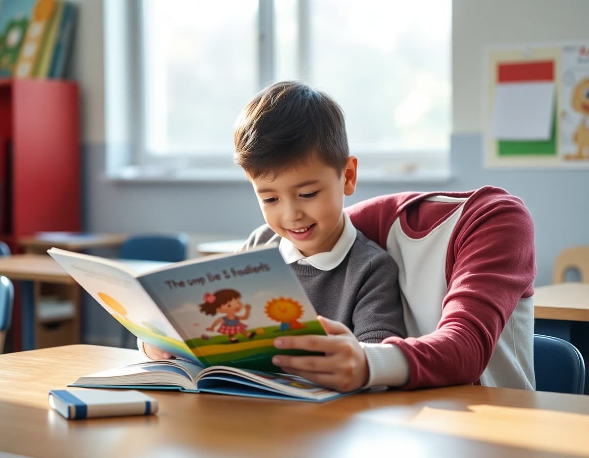 Parent and young child reading a picture book together at a school table