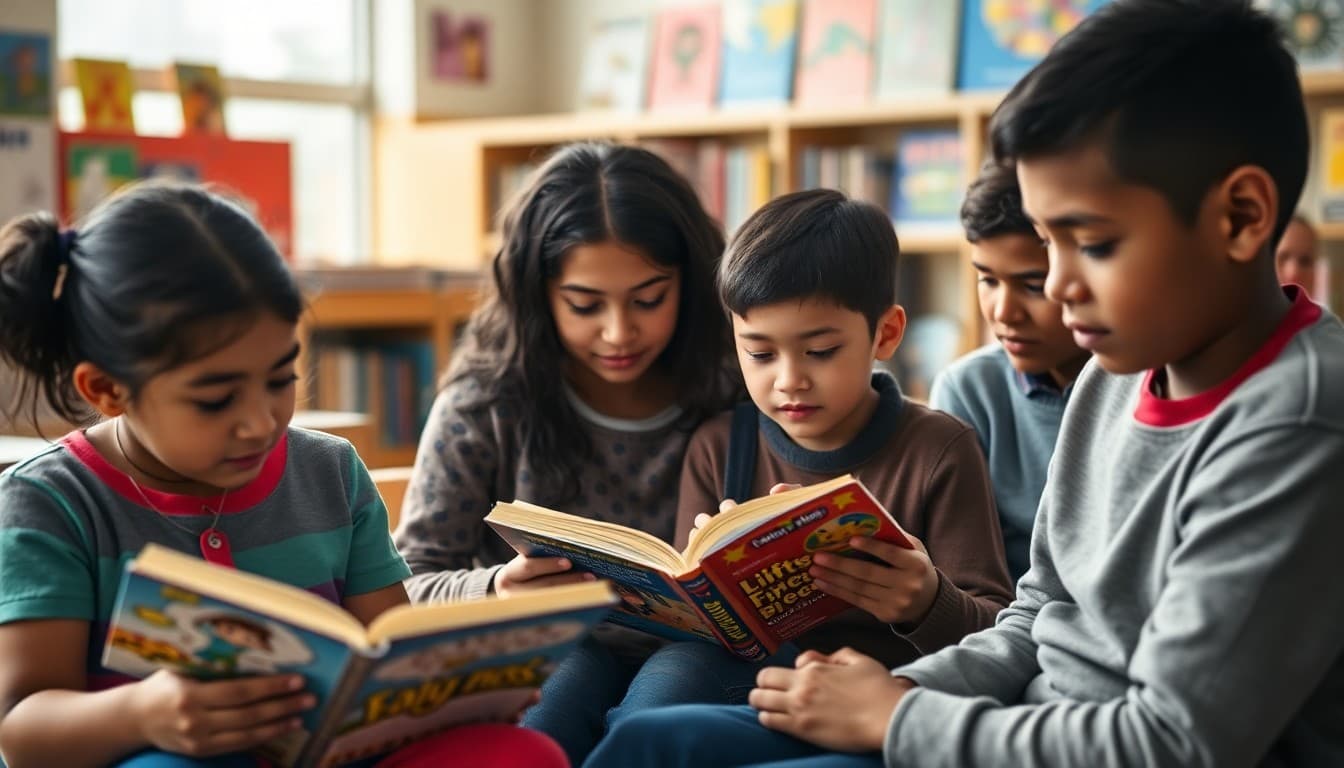 Families sitting together reading books at a school library event with colorful displays
