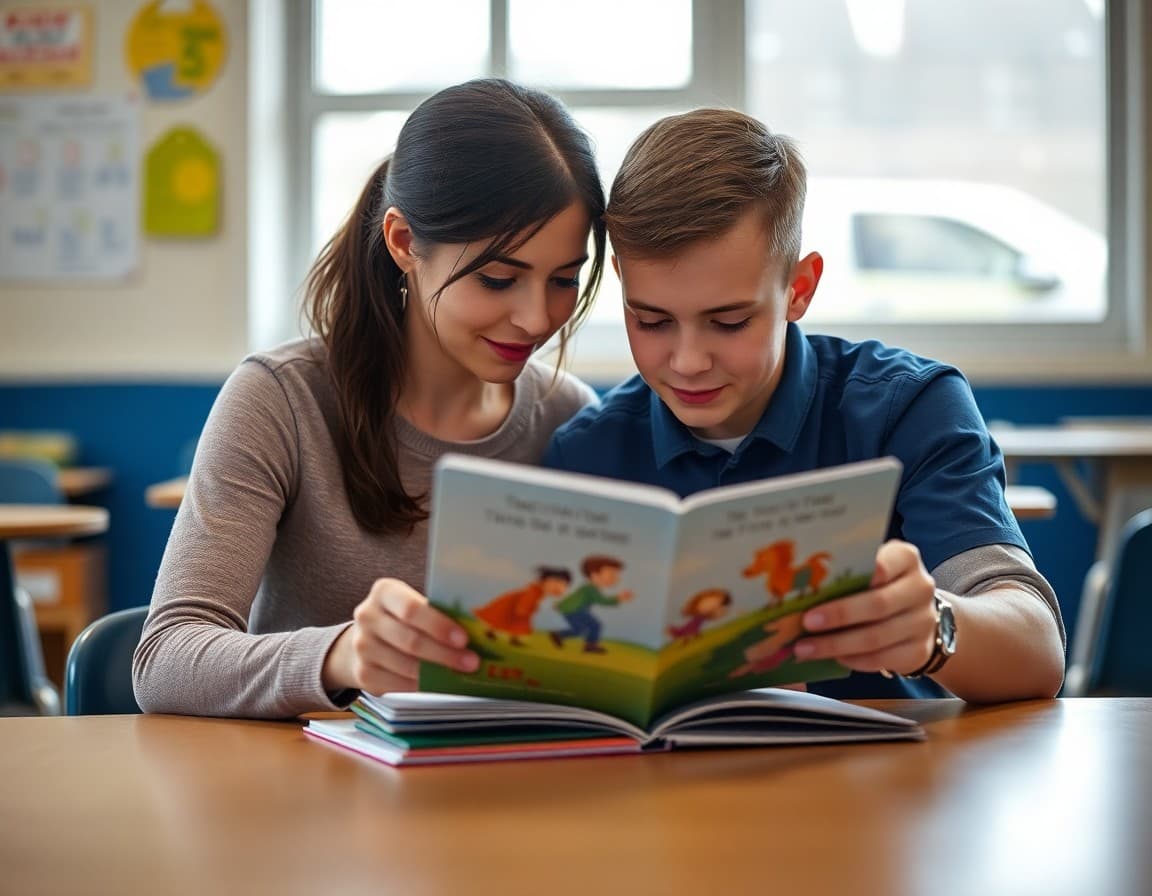 Parent and child sitting together at a school table reading a picture book aloud