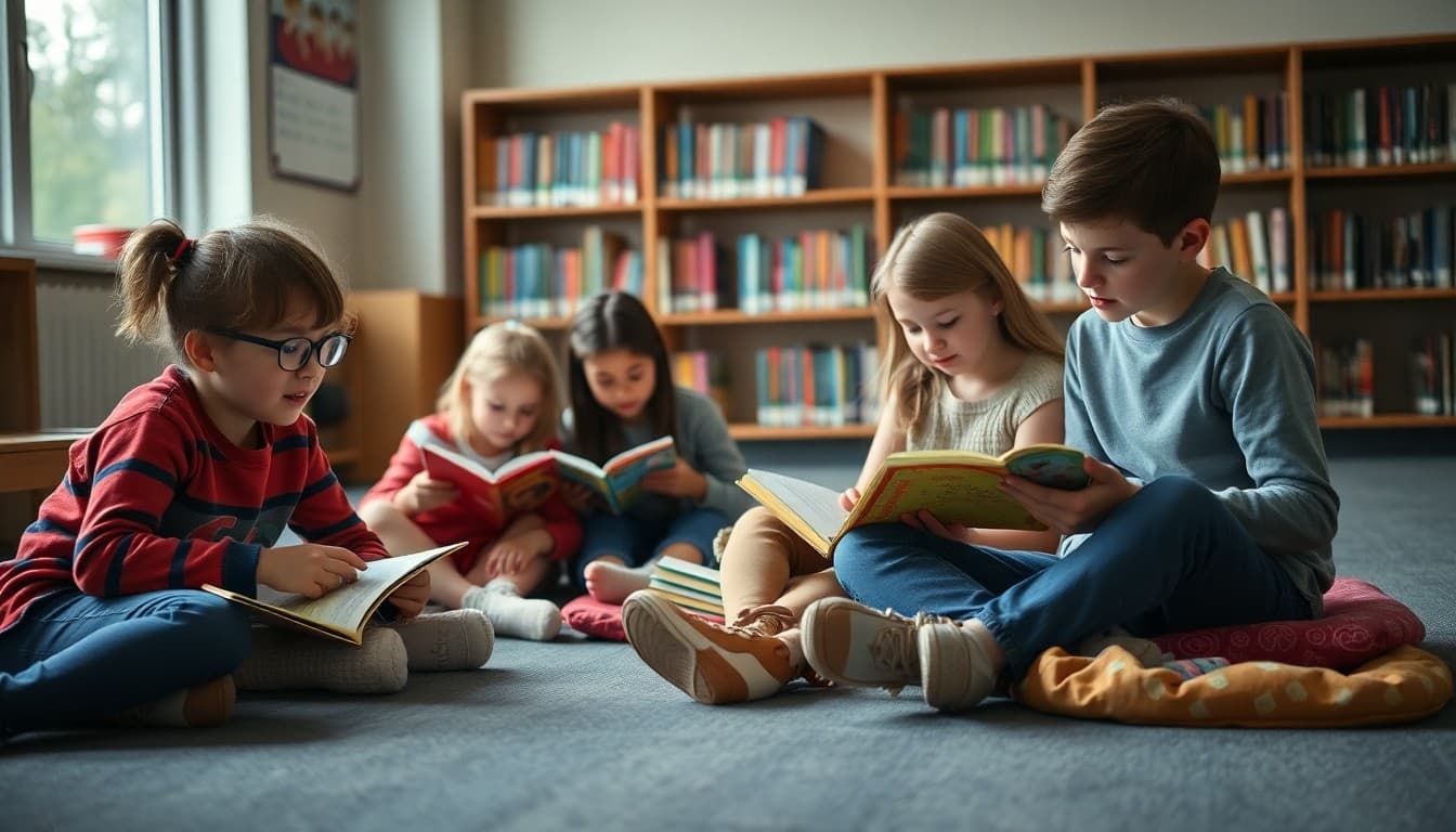 Families reading together on floor cushions at a cozy school library reading night event