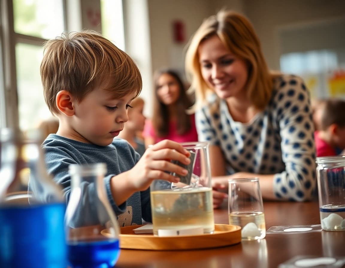 Child mixing materials in a beaker at a family science night with parent watching