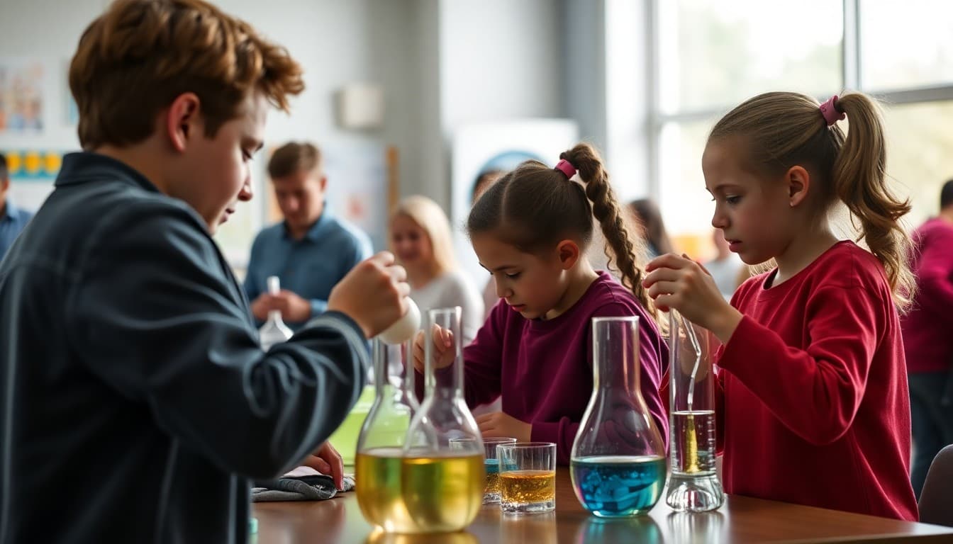 Students and parents doing science experiments together at a colorful science night event
