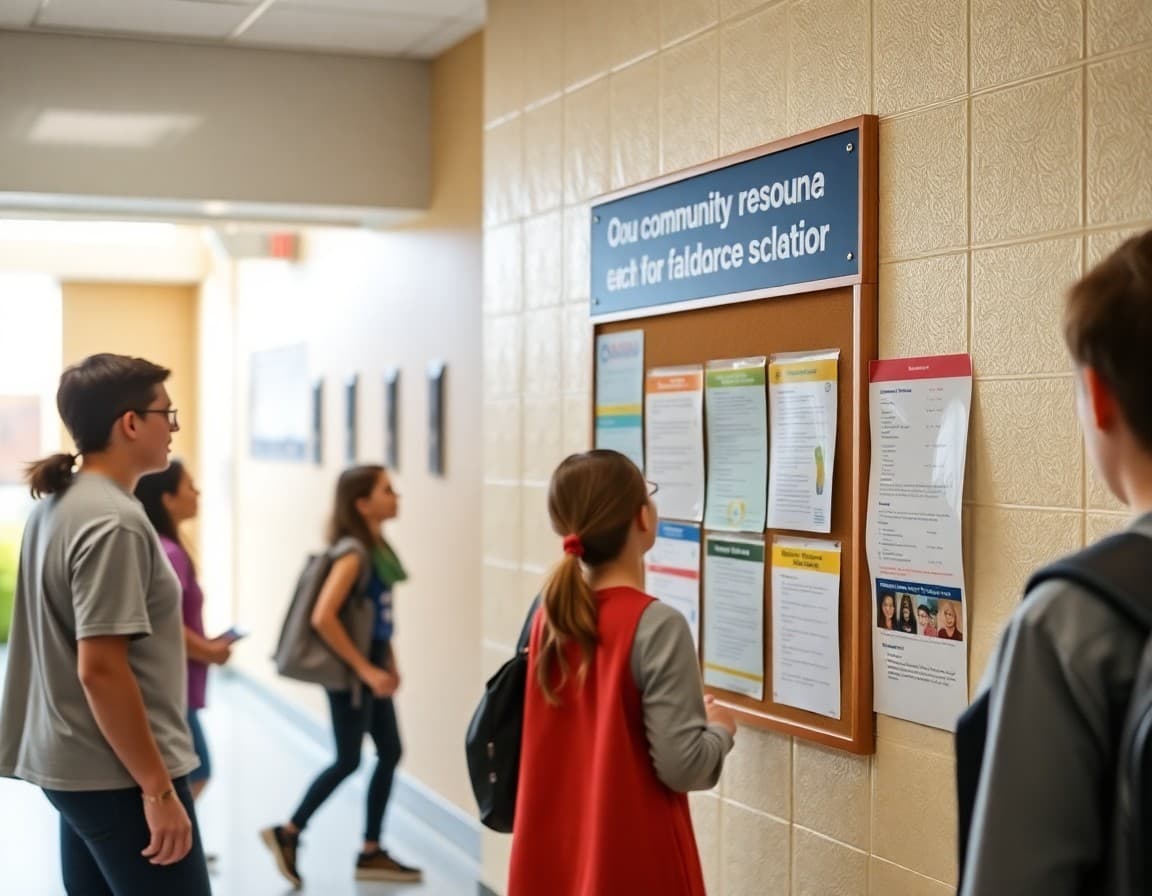 Community resource board with flyers and information displayed in a school hallway