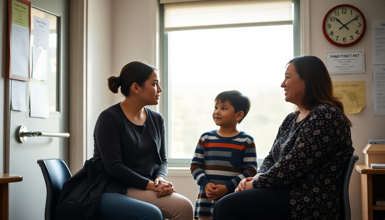 School social worker meeting with a family in a welcoming school office