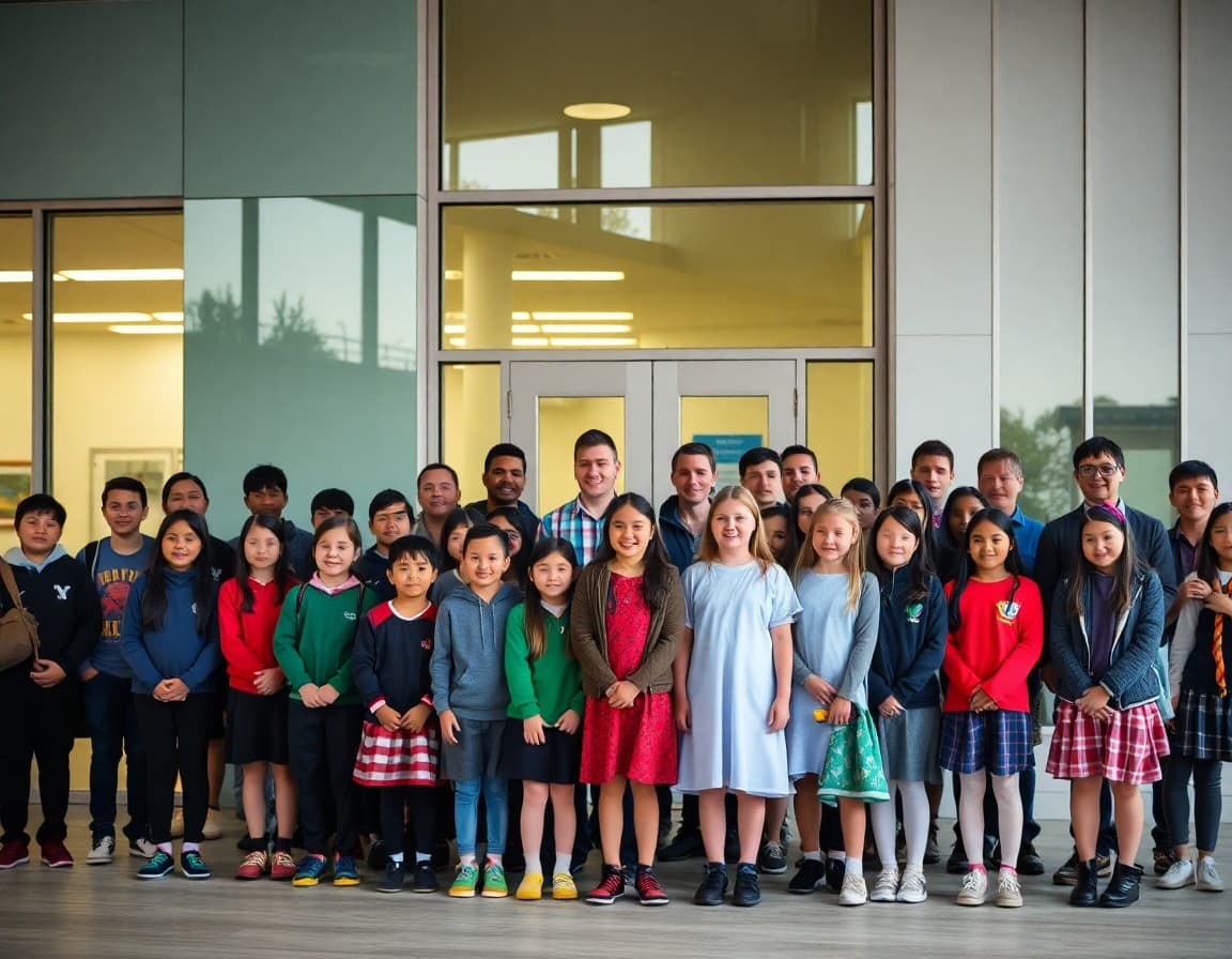 Students and teachers gathered outside a science center for a group photo