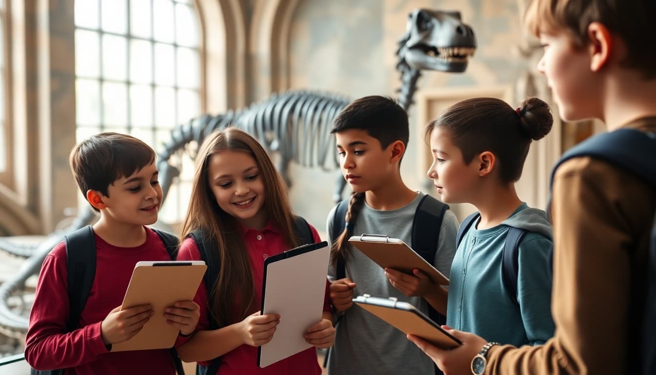 Students with clipboards at a natural history museum examining a dinosaur exhibit