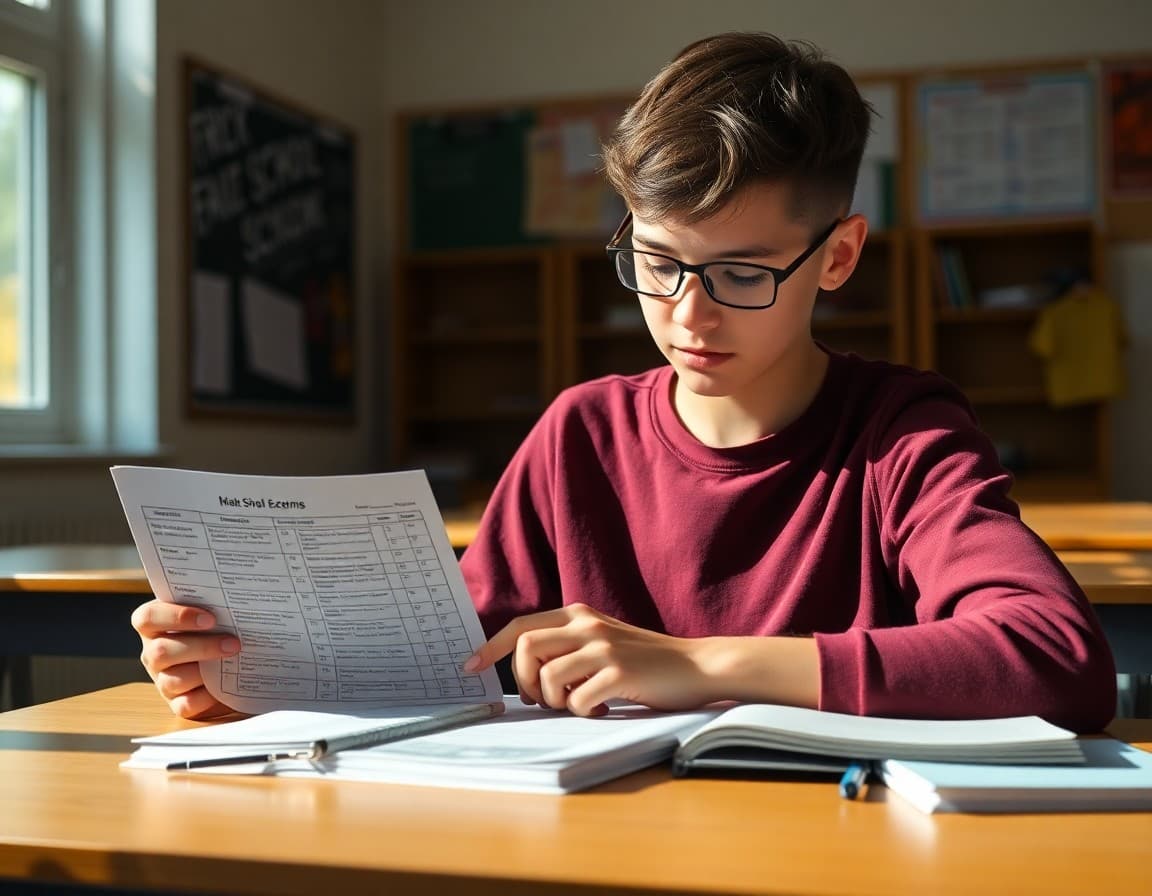 Student reviewing notes and exam schedule at desk in preparation for high school final exams