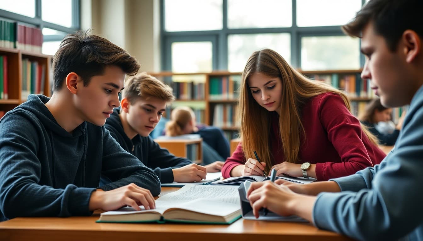 High school students studying together in library during final exams preparation week