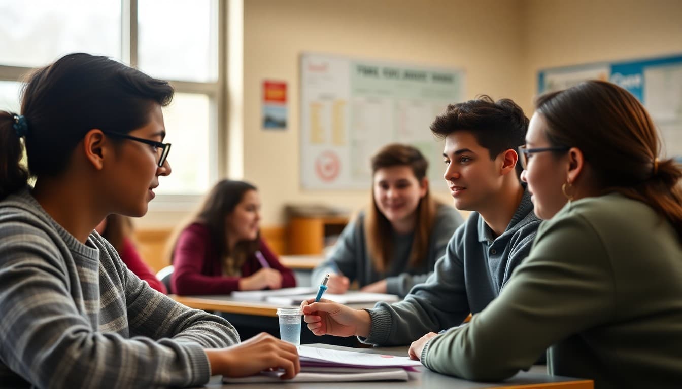 High school students learning budgeting and personal finance skills in classroom simulation