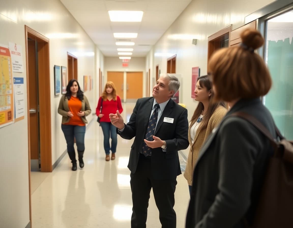 Principal reviewing fire evacuation route map with staff member in school hallway outside classrooms