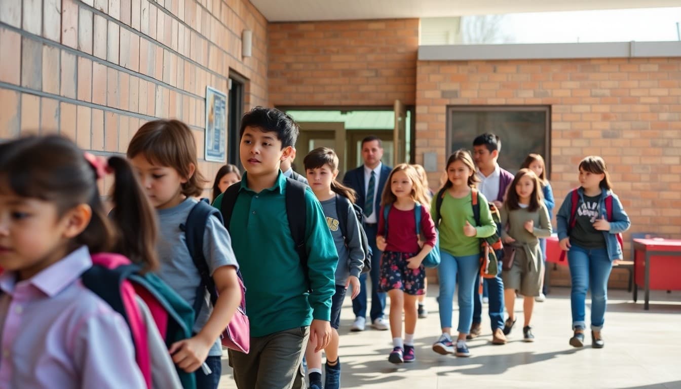 Students and teachers evacuating school building in orderly line during fire drill practice on sunny day