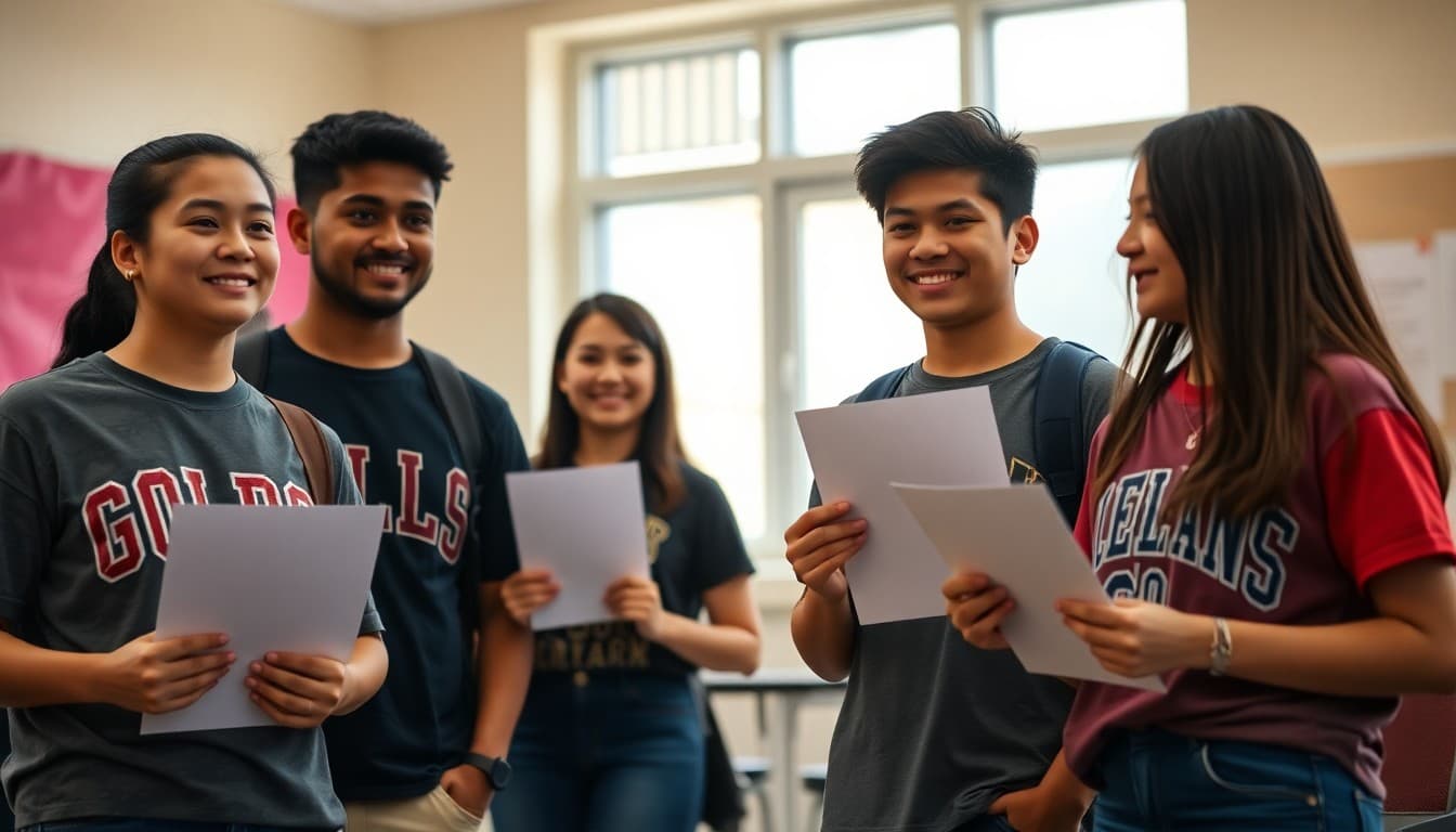First-generation college students wearing college shirts and holding acceptance letters at school