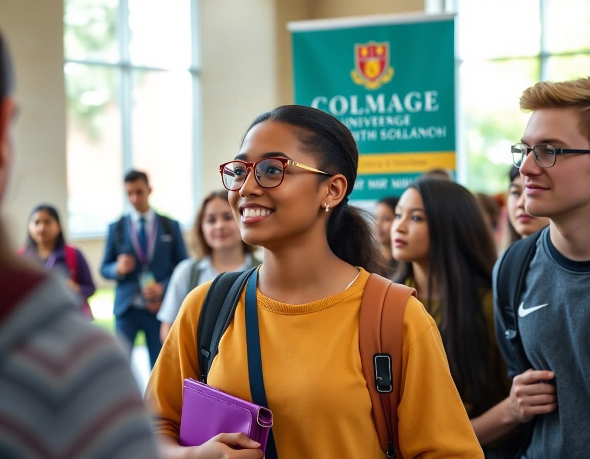 First-gen college program students on campus visit tour at university with college banner