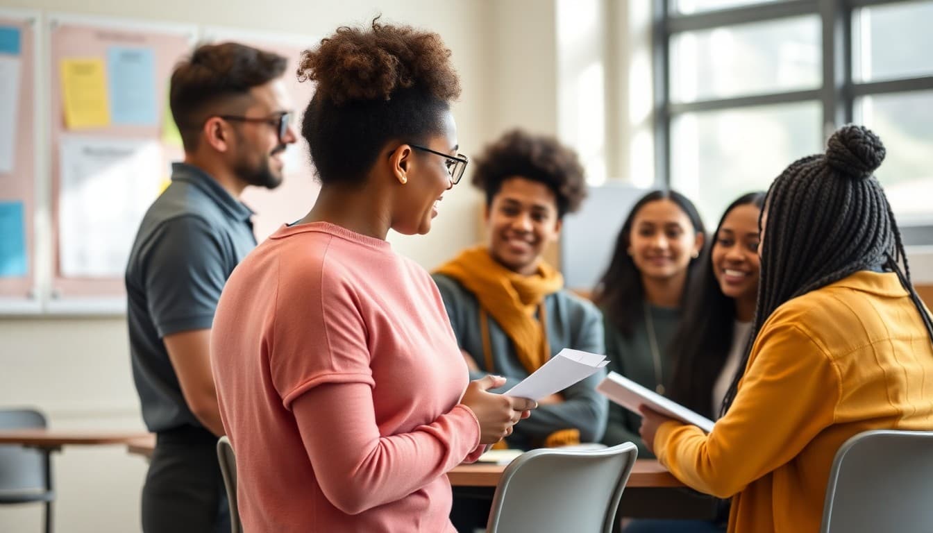 High school counselor meeting with first-generation college students in group advising session