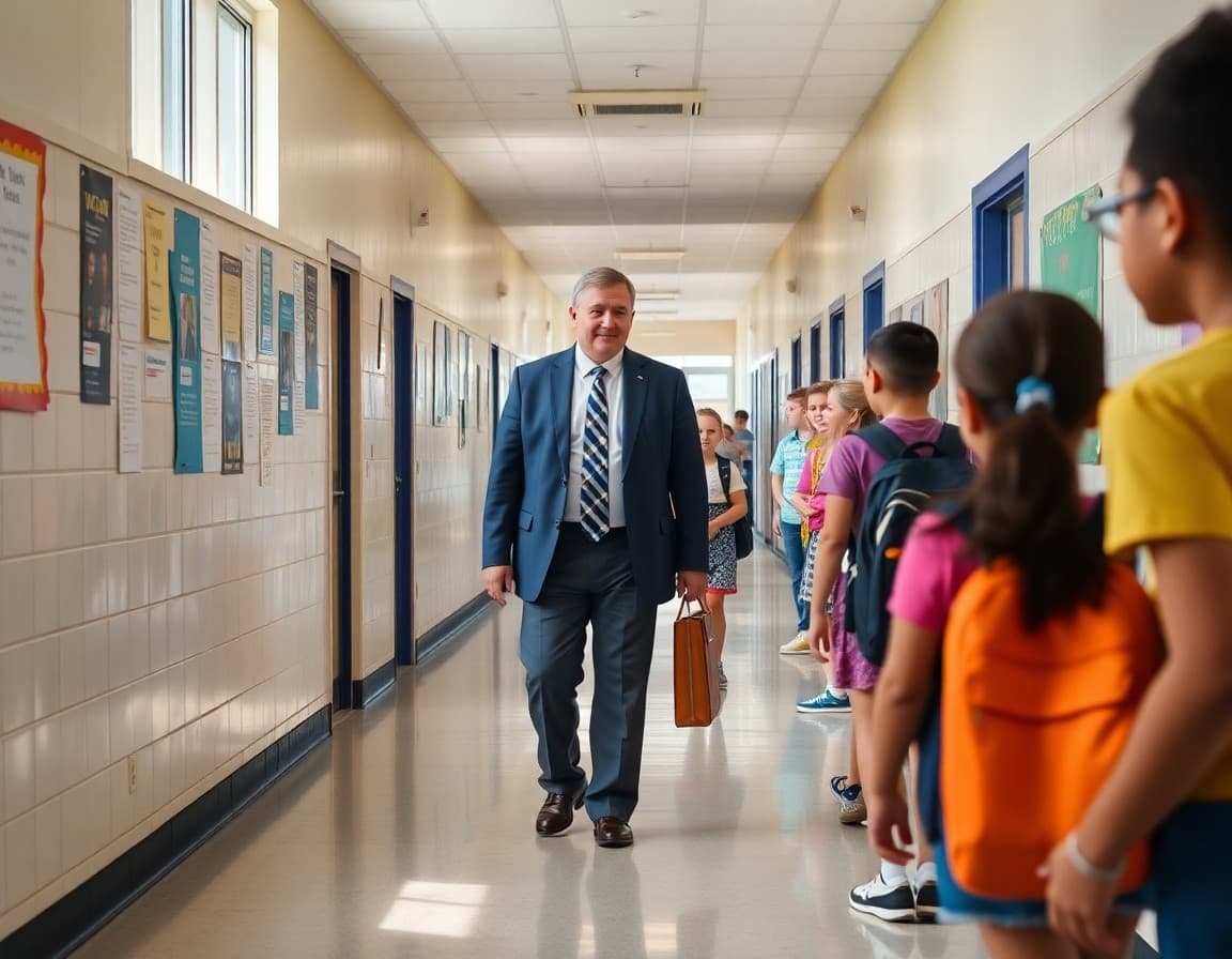 Principal walking hallways and stopping to greet students on the first day of school