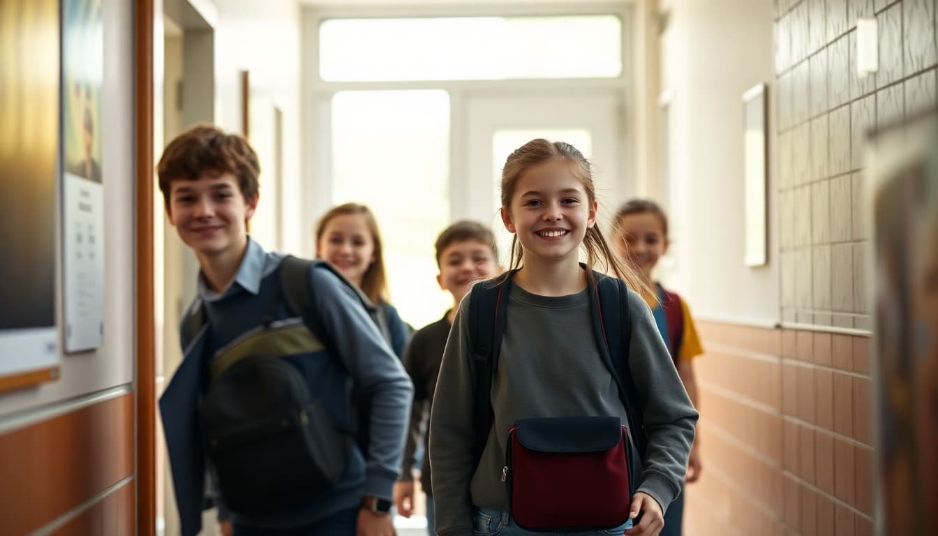 Students happily leaving school on a Friday afternoon at the end of the first week