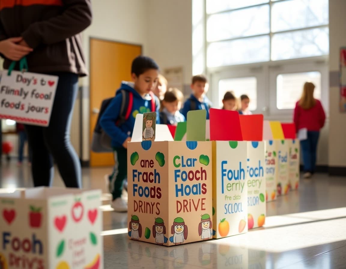 Colorful food drive collection boxes lined up in a school hallway