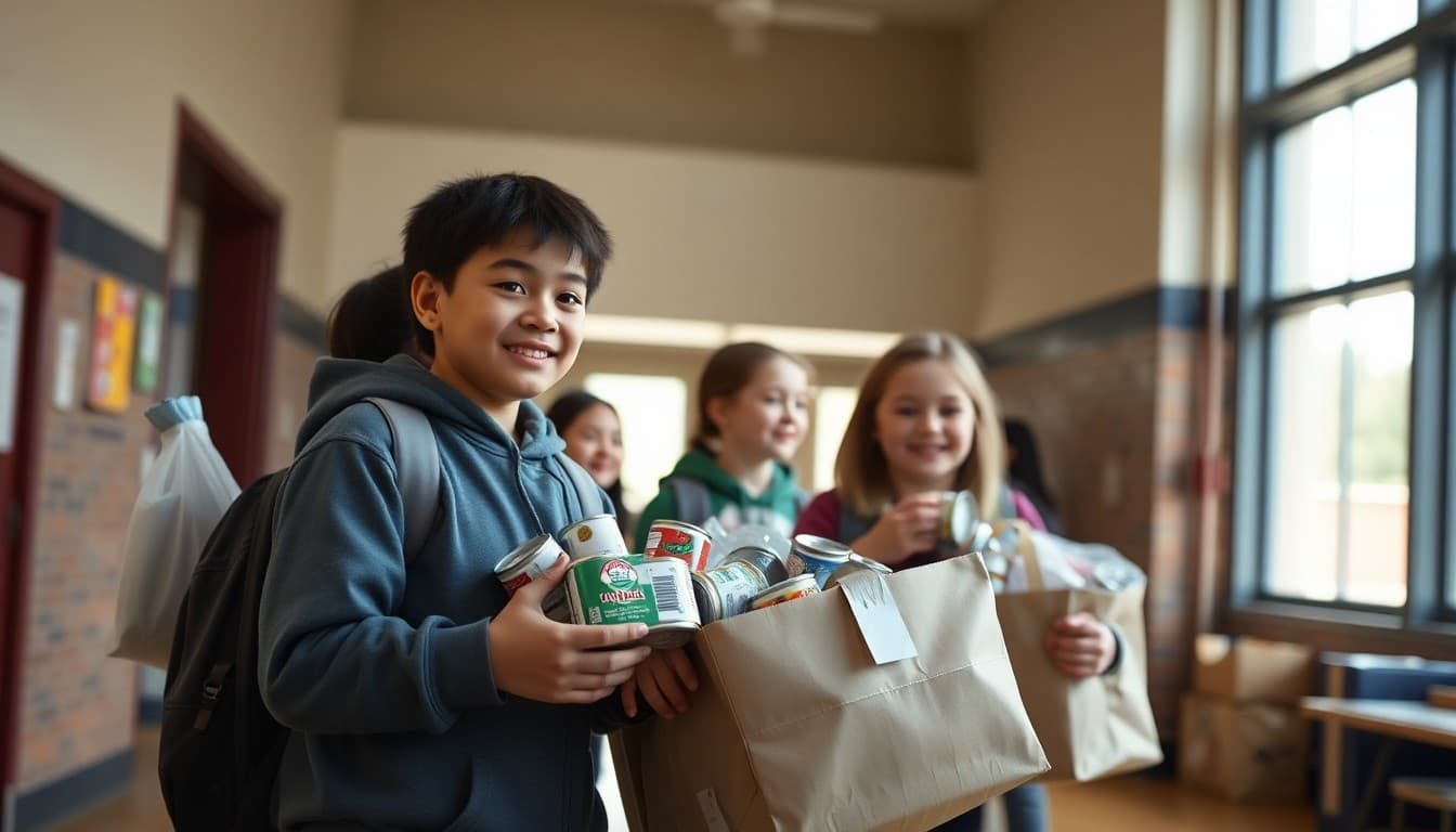 Students carrying canned food donations into a school gymnasium for a food drive