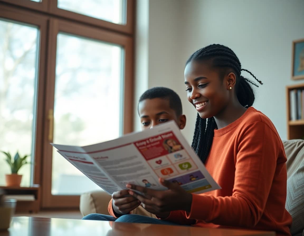Family of color reading a school newsletter together at home