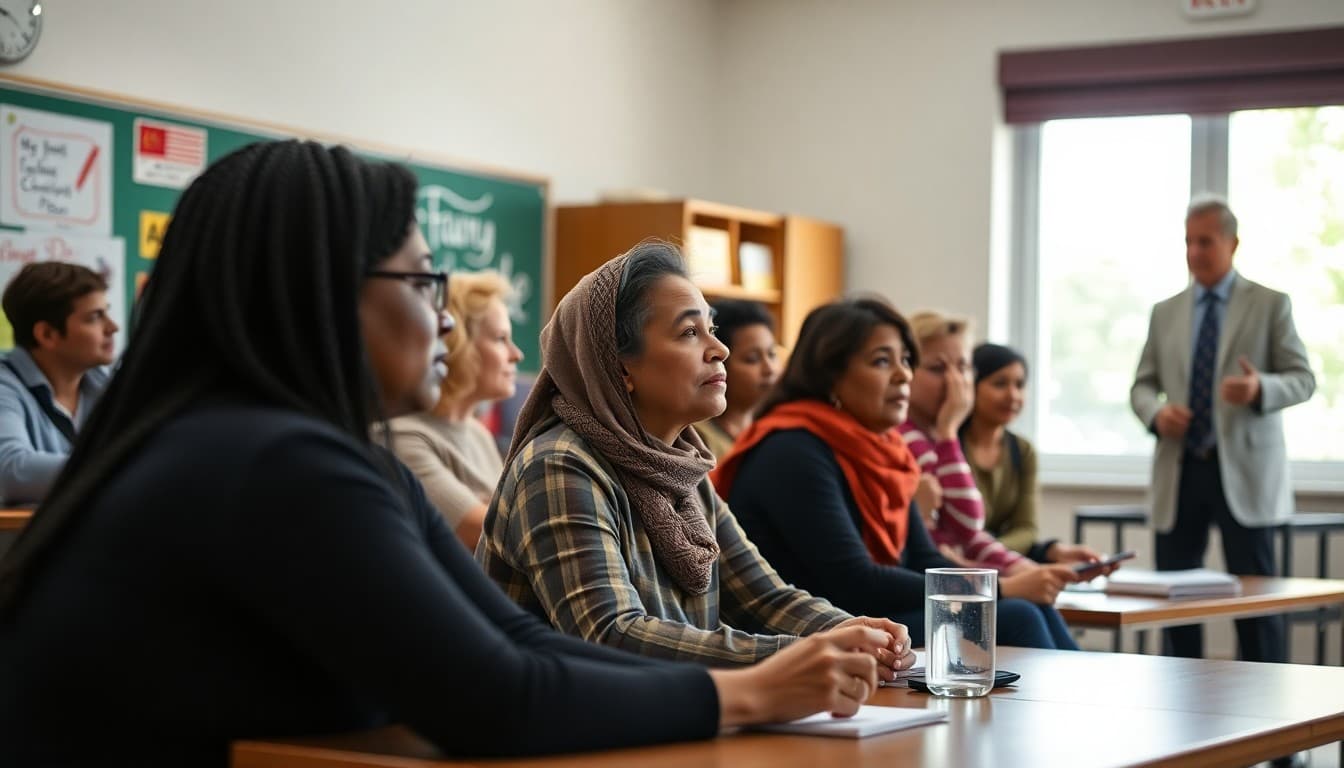 Diverse group of parents engaged in a school meeting with the principal