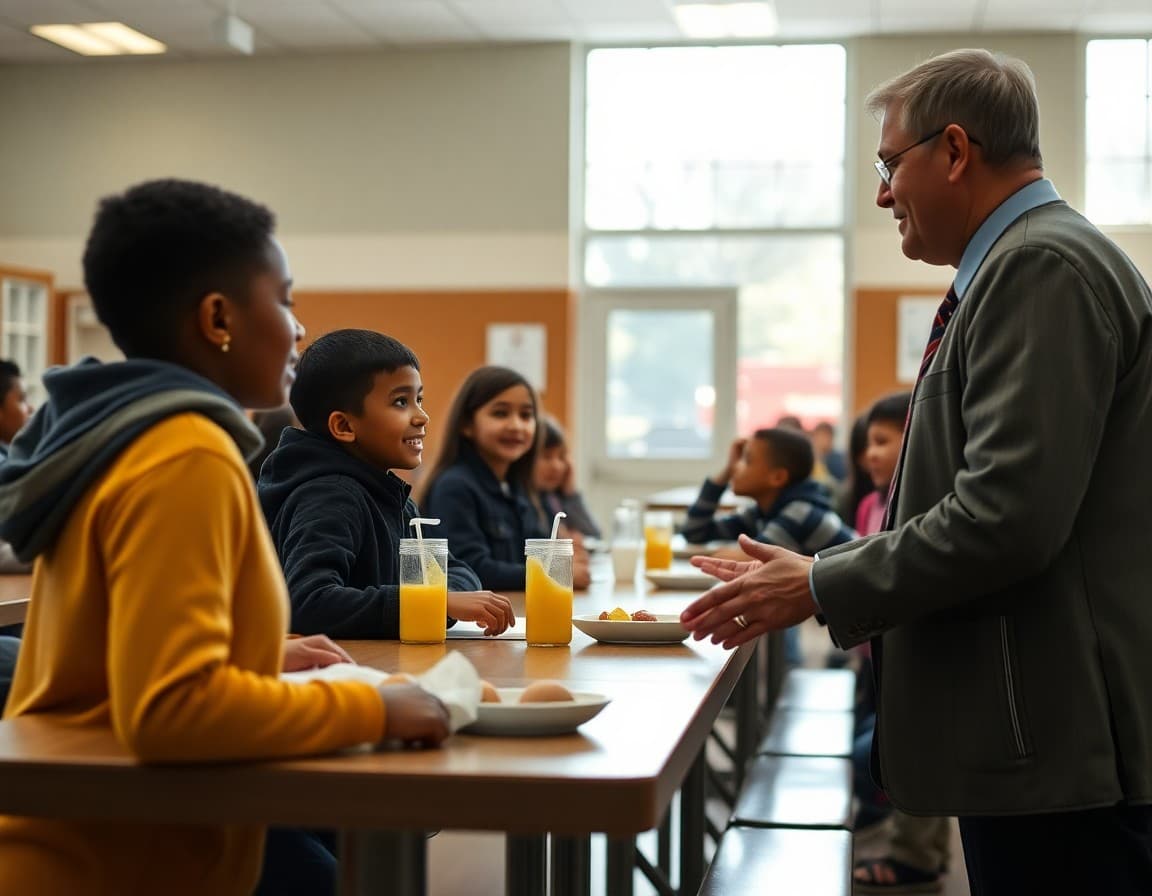 Principal greeting students at school breakfast program in cafeteria before morning classes begin
