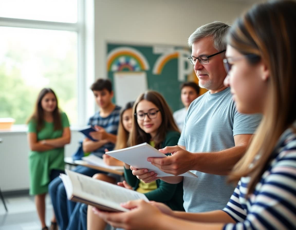 Ninth grade orientation session with students and parents reviewing the school handbook