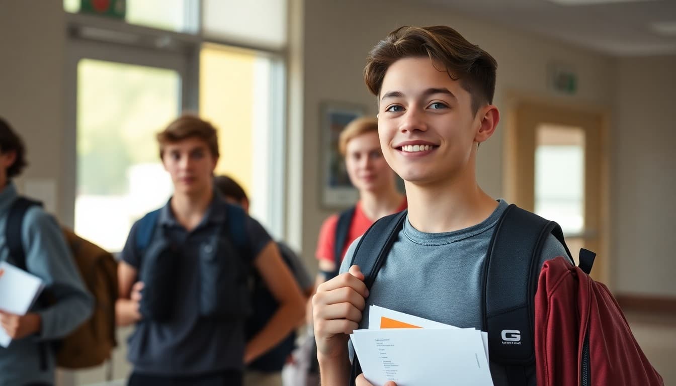 Incoming freshmen arriving at high school on their first day with backpacks and class schedules