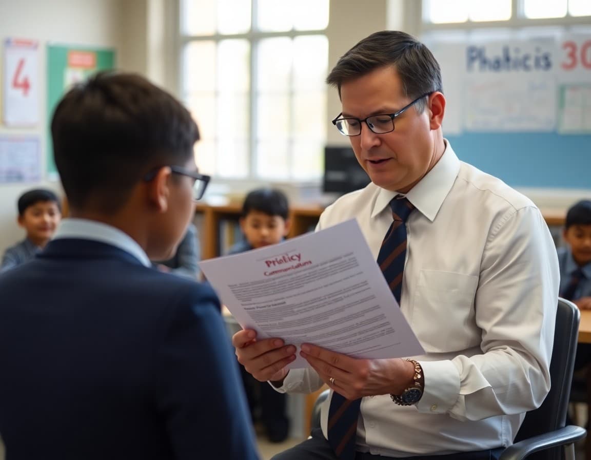 Principal reviewing a policy communication document in the school office
