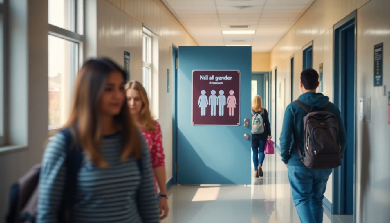 School hallway with a new all-gender restroom sign on a door
