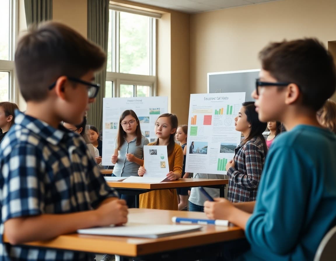 Students presenting research projects during a gifted enrichment showcase event