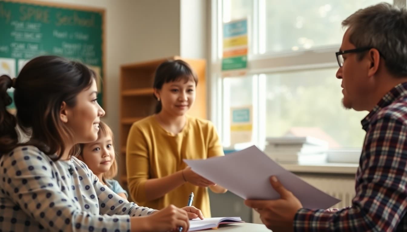 School administrator reviewing gifted identification criteria with a family