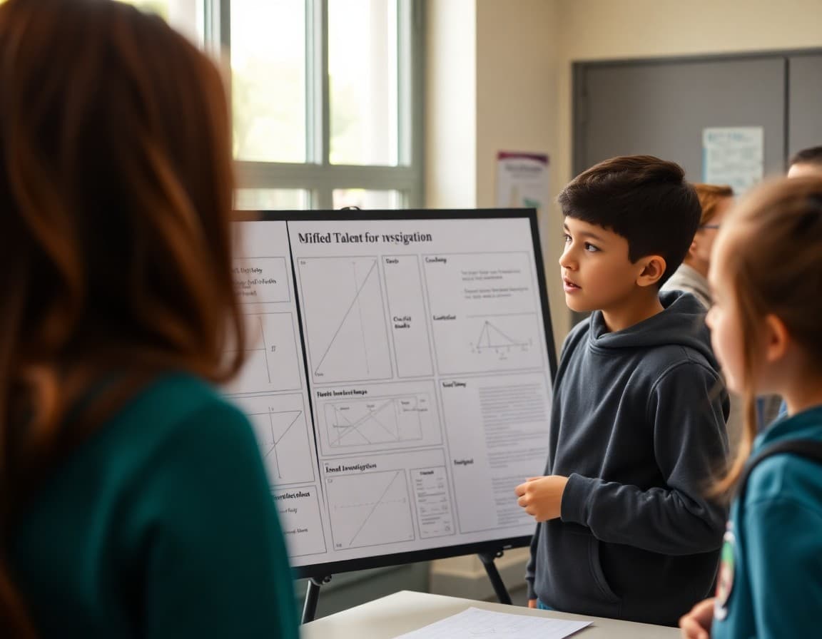 Student explaining advanced math investigation board to visitors at gifted talent showcase
