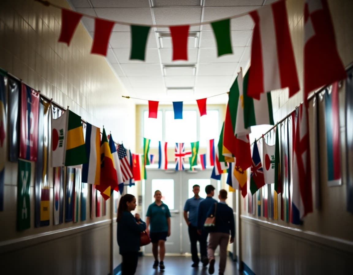 School hallway decorated with flags from different countries as part of a global awareness week