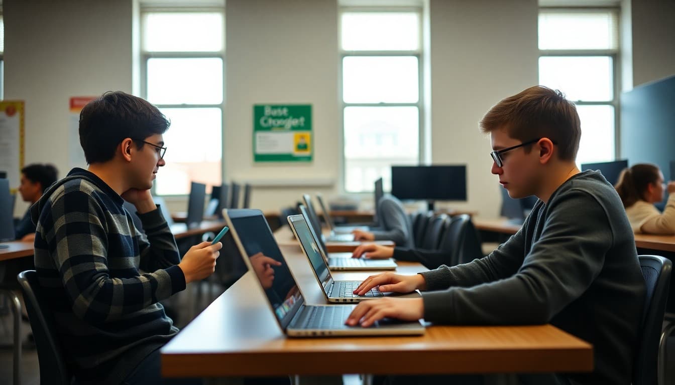 Students using Chromebooks and Google Classroom in a school computer lab