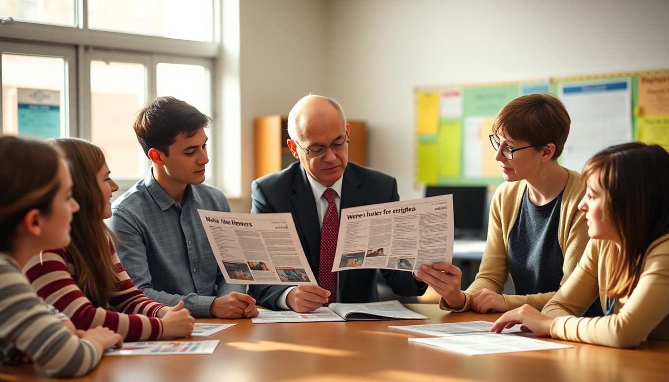 Principal reviewing grade-level newsletter sections with team leaders at a planning table