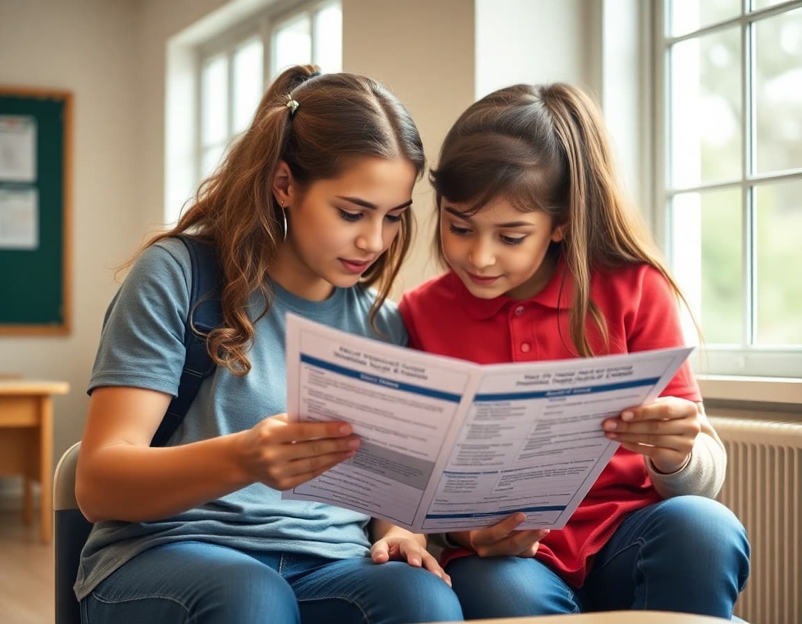 Parent and child reviewing a school transition information packet together
