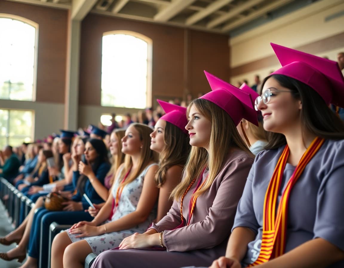 Families in stadium seating watching graduation ceremony on a sunny afternoon