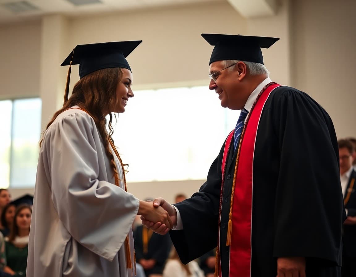 Principal shaking hands with graduating senior at commencement ceremony