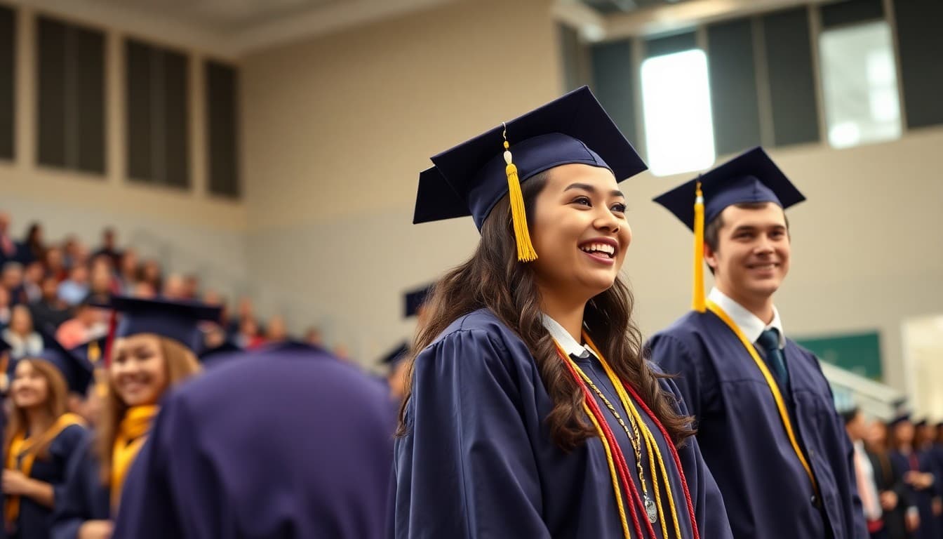 High school graduates in caps and gowns celebrating on graduation day at school stadium