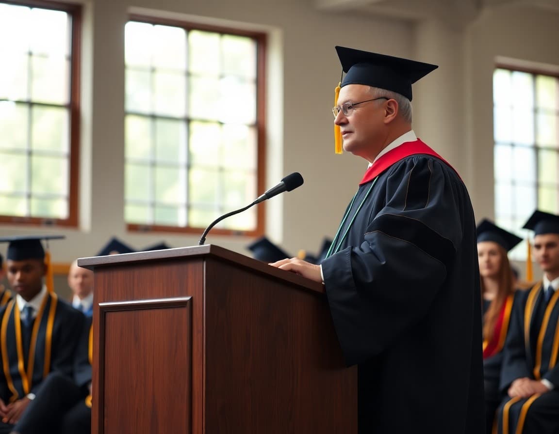Principal at a podium introducing the graduation speaker at a school commencement ceremony