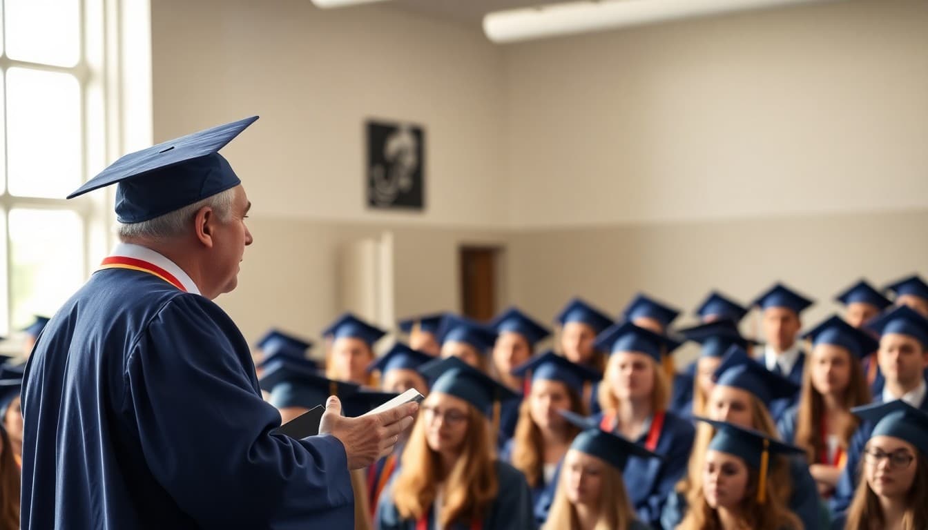 Graduation speaker addressing a crowd of students in caps and gowns at a high school commencement ceremony