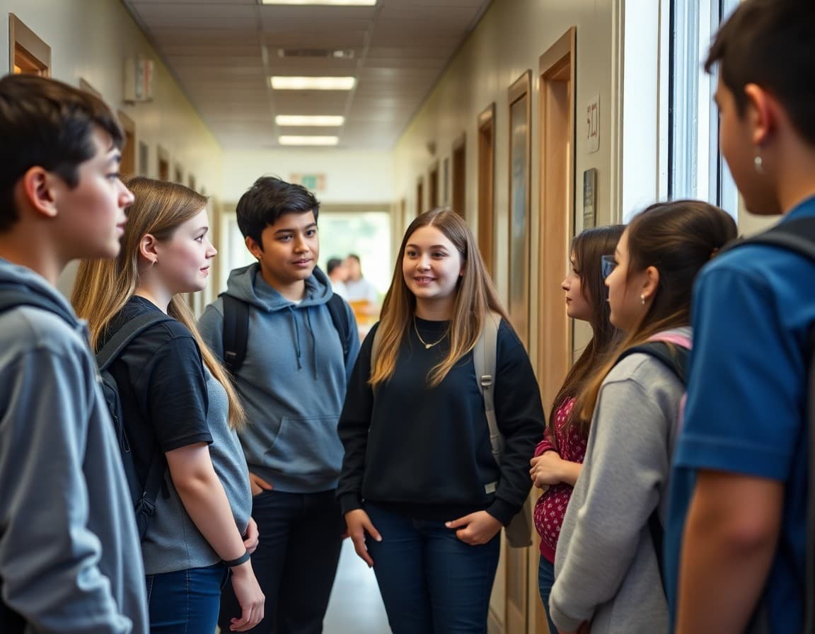 School counselor talking with a small group of students in a hallway