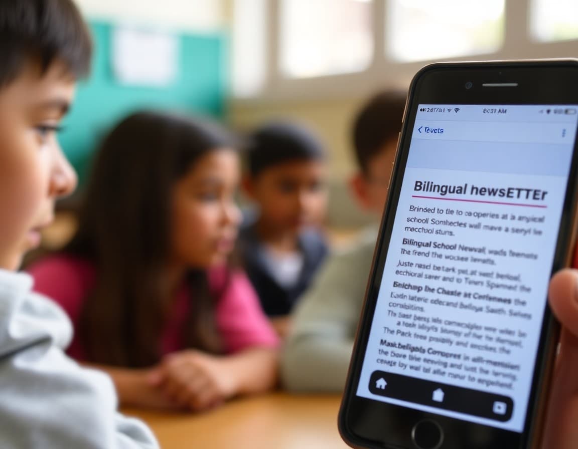 Bilingual school newsletter on a phone screen showing Spanish and English