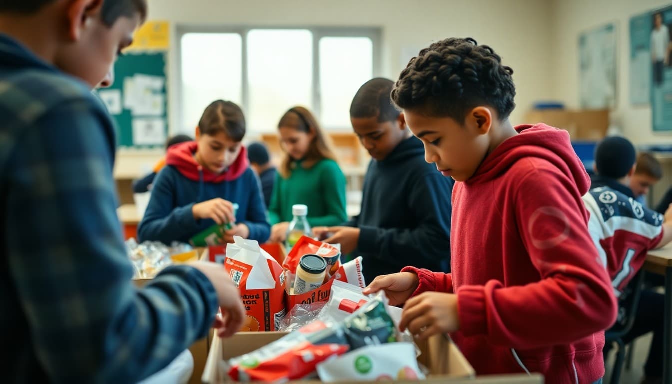 Students sorting donated food and gift items for a school holiday giving drive