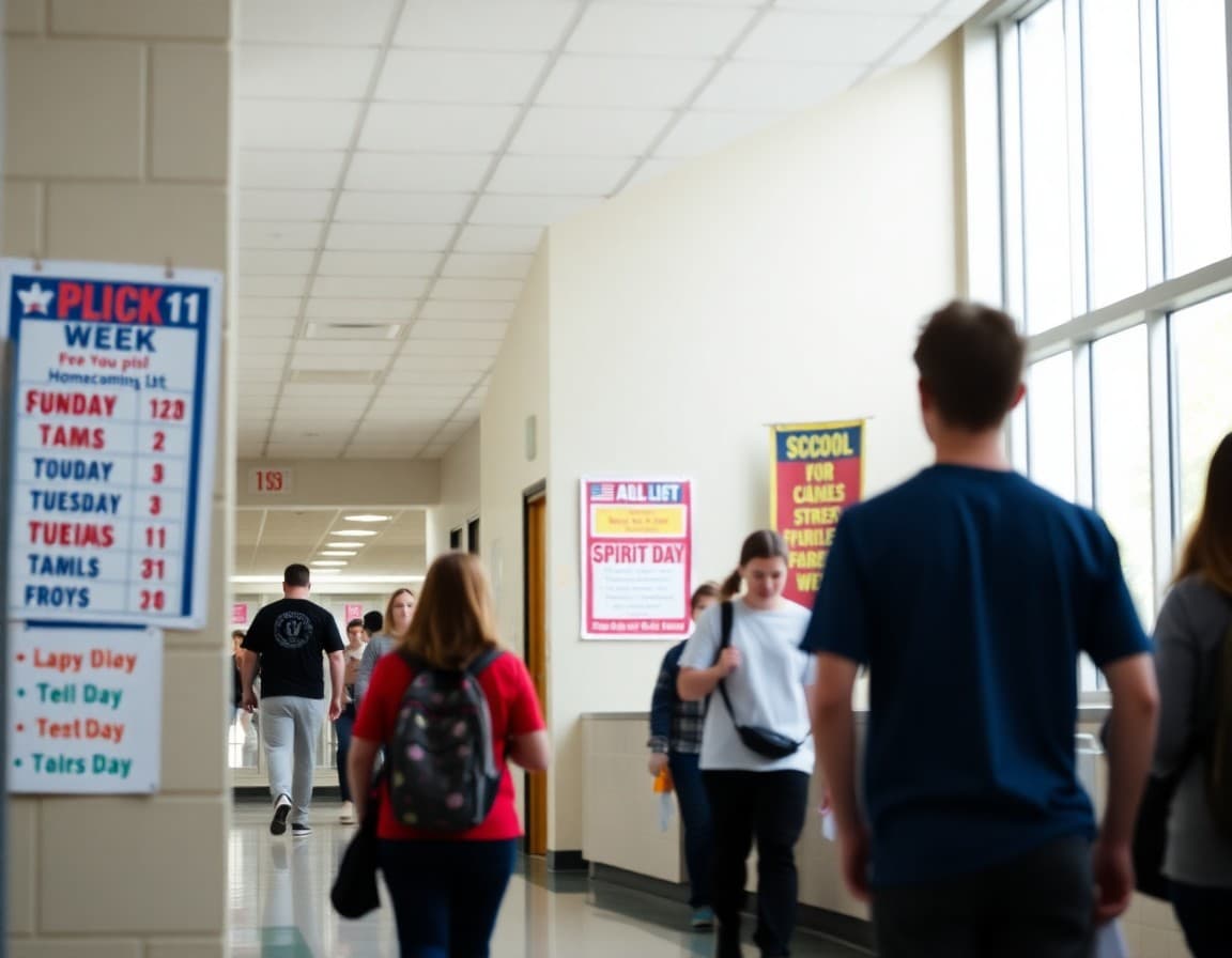 Decorated school hallway with homecoming week spirit day schedule and event banners