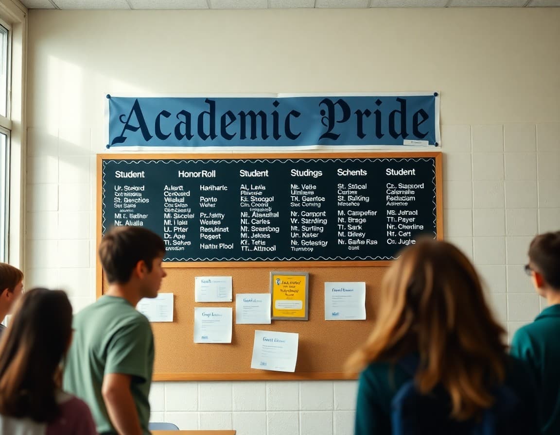 Bulletin board displaying honor roll student names under a banner reading Academic Pride