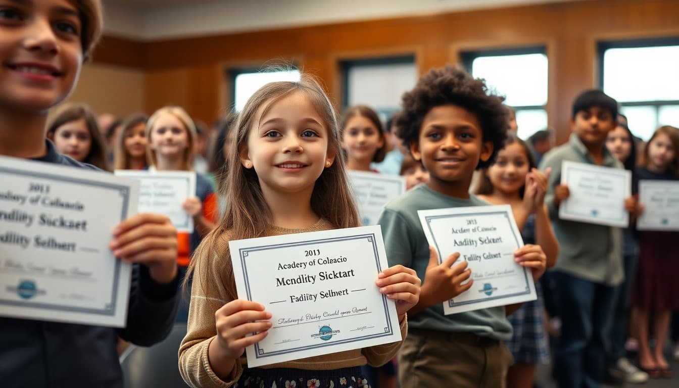 Students receiving academic achievement certificates at an assembly with applauding families