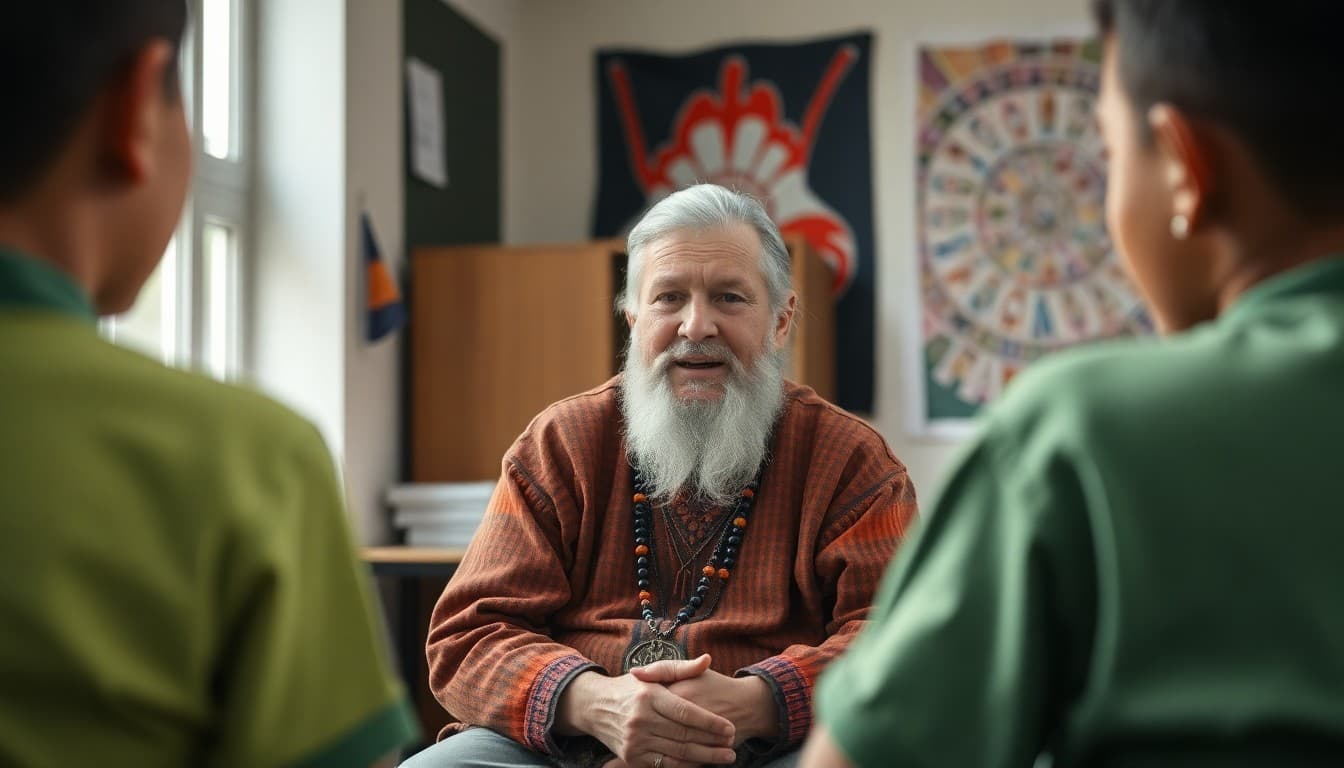 Indigenous community elder sharing traditional knowledge with students at school Indigenous Education Week